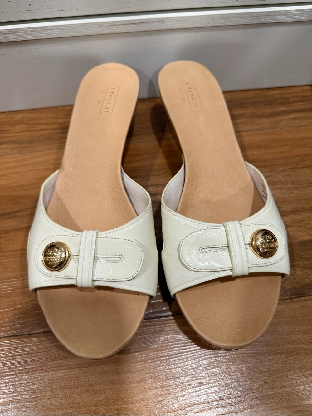 Coach Lee White Leather Slide Sandals with Gold Medallion